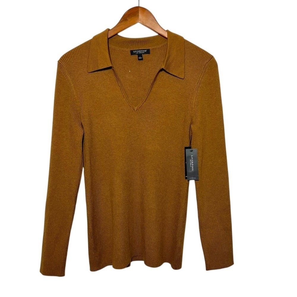 Liverpool Ribbed V-Neck Polo Sweater Large Preppy Euro Autumn Brown Luxe Paris - Picture 1 of 13